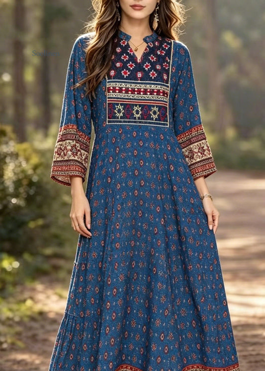 Bohemian Blue V Neck Print Cotton Long Dress Summer