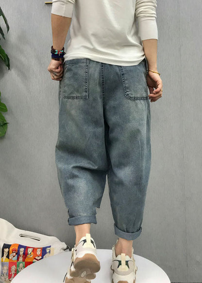 Bohemian Blau elastische taille patch applique denim Hosen Frühling