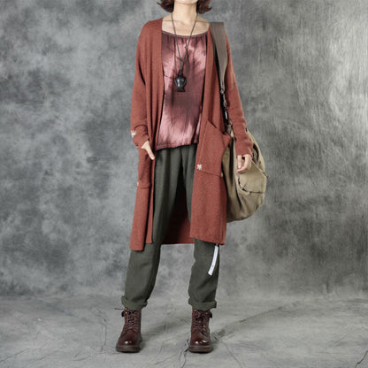 Bohemian Ziegelrot Stricktaschen Bestickte Herbst Strickjacke Langarm