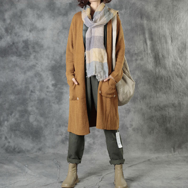 Bohemian Ziegelrot Stricktaschen Bestickte Herbst Strickjacke Langarm