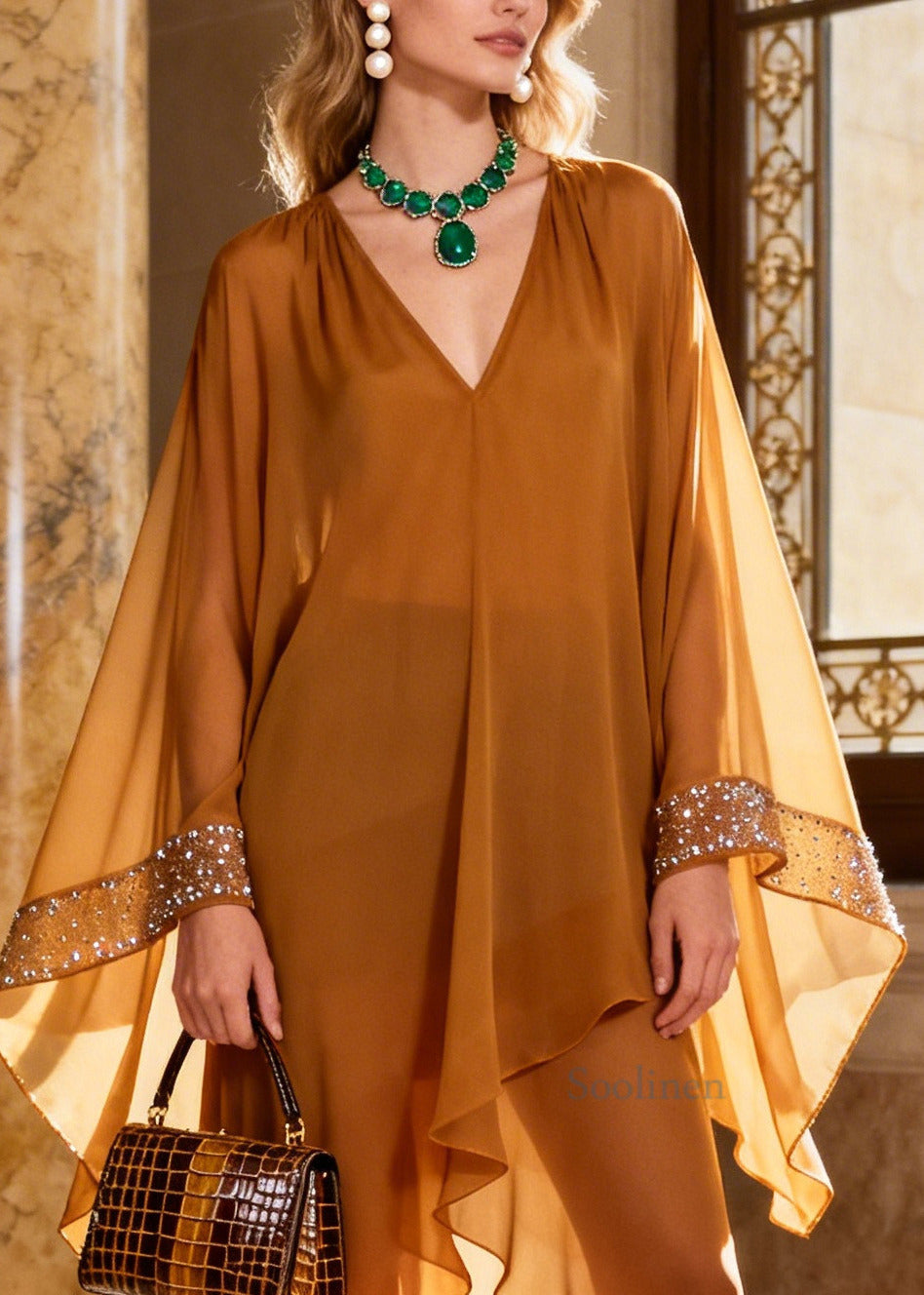Bohemian Brown Asymmetrical Rhinestone Chiffon Ankle Dress Batwing Sleeve