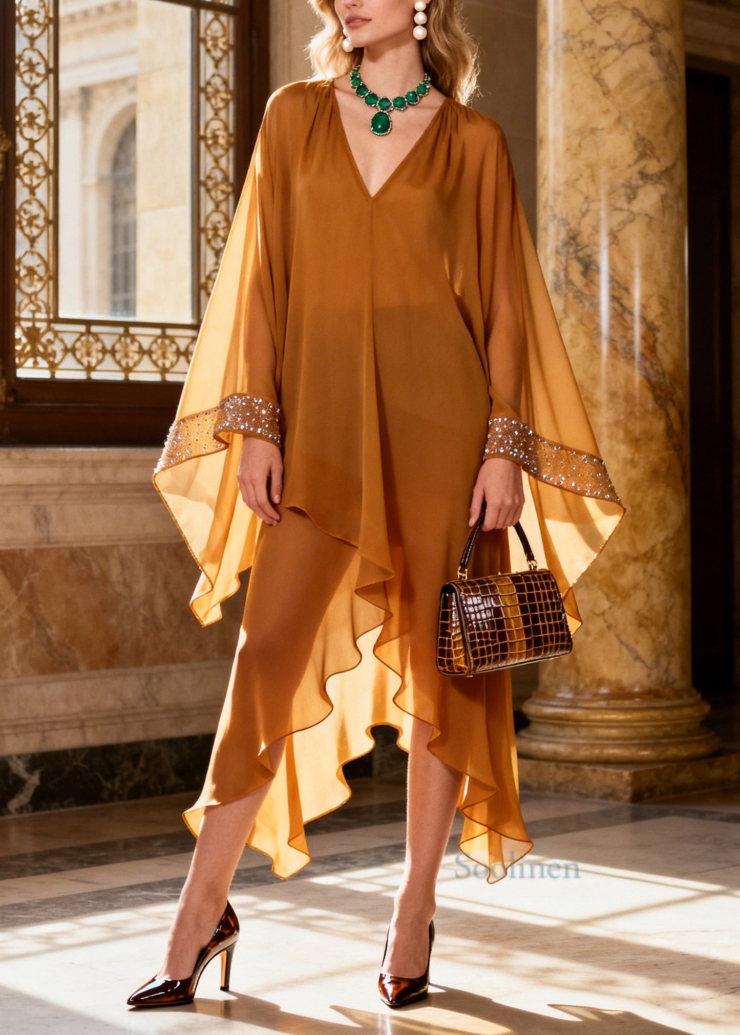 Bohemian Brown Asymmetrical Rhinestone Chiffon Ankle Dress Batwing Sleeve