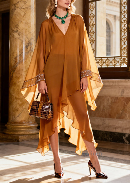 Bohemian Brown Asymmetrical Rhinestone Chiffon Ankle Dress Batwing Sleeve
