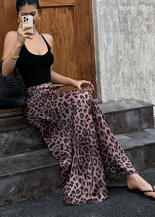 Faldas cruzadas de seda drapeadas con estampado de leopardo marrón bohemio primavera