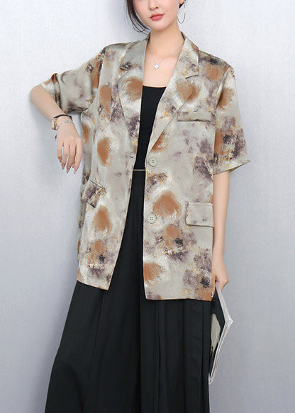 Bohemian Brown Notched Print Spandex Coats Summer