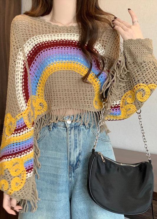Bohemian Brown O-Neck Tassel Patchwork Knit Tops Spring