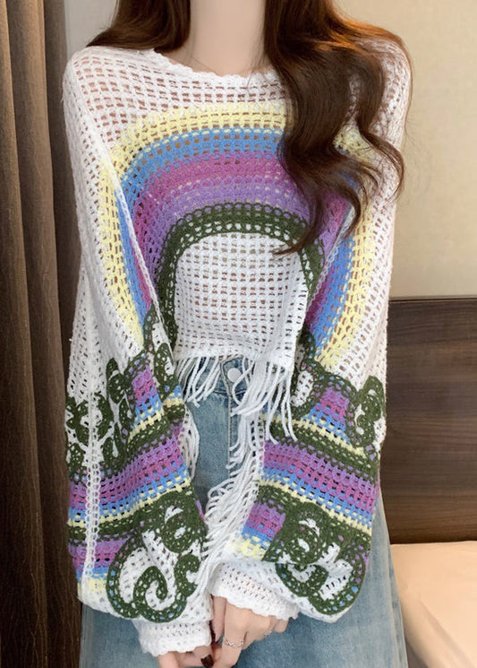 Bohemian Brown O-Neck Tassel Patchwork Knit Tops Spring