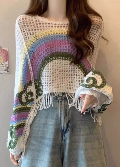 Boho-Braune Stricktops mit Rundhalsausschnitt, Quasten und Patchwork-Design für den Frühling