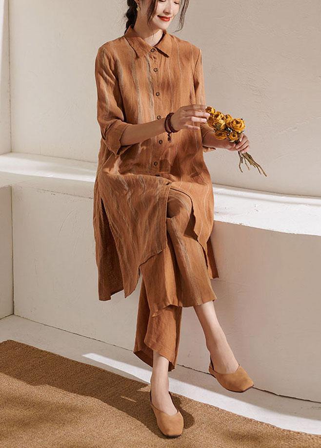 Bohemian Caramel Casual Side Open long shirts Wide Leg Summer Linen Two Pieces Set - SooLinen