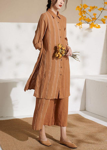 Bohemian Caramel Casual Side Open long shirts Wide Leg Summer Linen Two Pieces Set - SooLinen