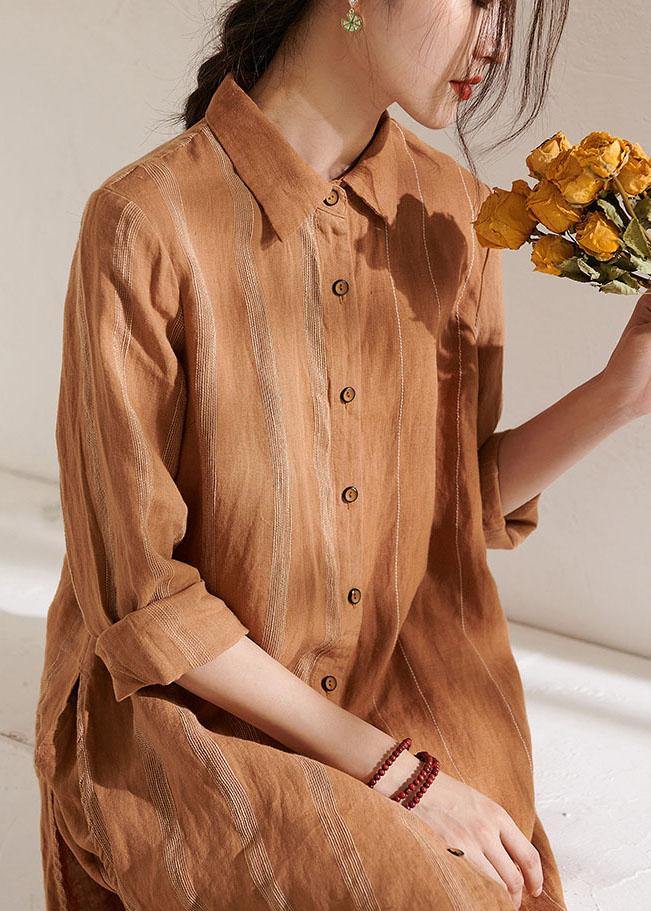 Bohemian Caramel Casual Side Open long shirts Wide Leg Summer Linen Two Pieces Set - SooLinen