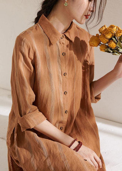 Bohemian Caramel Casual Side Open long shirts Wide Leg Summer Linen Two Pieces Set - SooLinen