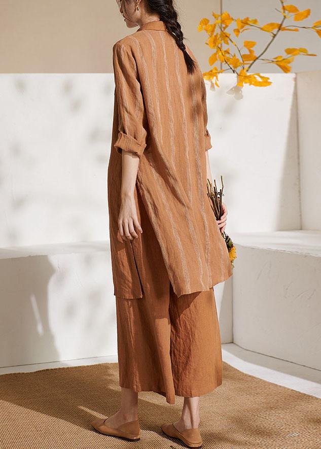 Bohemian Caramel Casual Side Open long shirts Wide Leg Summer Linen Two Pieces Set - SooLinen