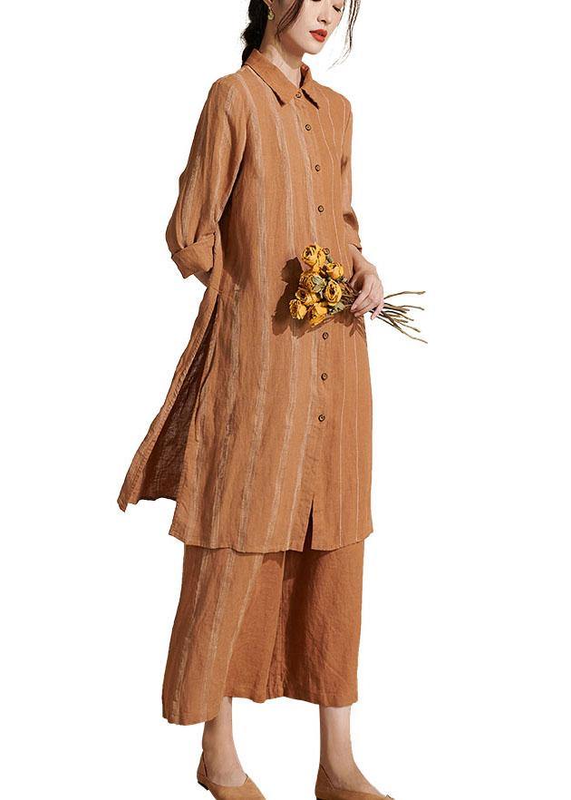 Bohemian Caramel Casual Side Open long shirts Wide Leg Summer Linen Two Pieces Set - SooLinen