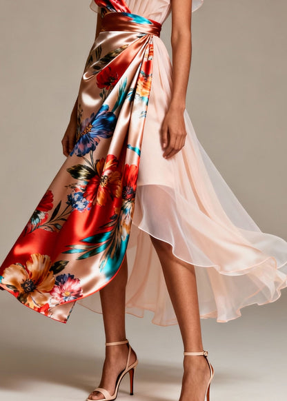 Bohemian Champagne Asymmetrical Print Silk Evening Dress Butterfly Sleeve