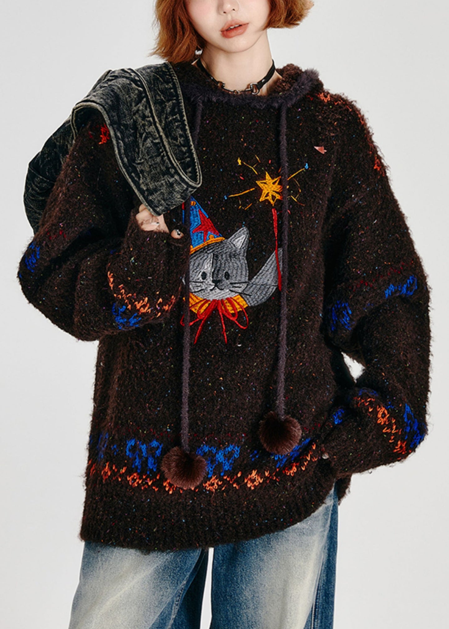 Bohemian Chocolate Kapuzenpullover mit Katzenstickerei, lockerer Strickpullover, Winter
