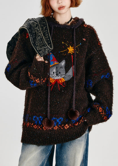 Bohemian Chocolate Kapuzenpullover mit Katzenstickerei, lockerer Strickpullover, Winter