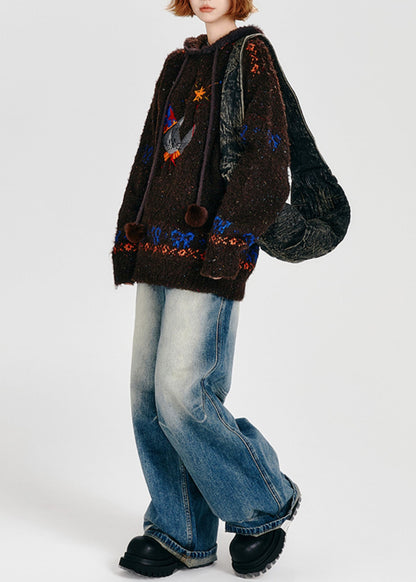 Bohemian Chocolate Kapuzenpullover mit Katzenstickerei, lockerer Strickpullover, Winter