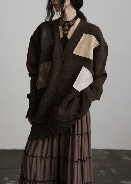Bohemian Chocolate Oversized Patchwork Applikation Strickcardigan Winter