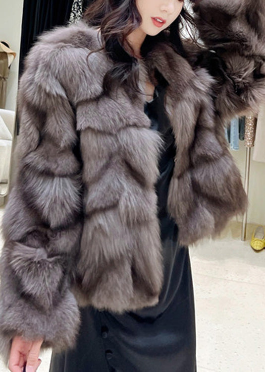 Bohemian Kakao Farbe O-Ausschnitt Fuzzy Fur Flauschige Leder und Pelz Mäntel Winter