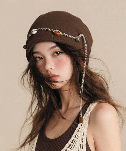 Sombrero boonie con borlas y cuentas color café bohemio para otoño