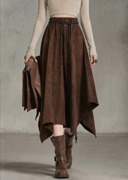 Bohemian Coffee Elastic Waist Sashe Faux Suede A Line Skirts