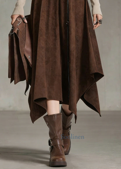 Bohemian Coffee Elastic Waist Sashe Faux Suede A Line Skirts