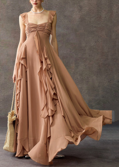 Bohemian Coffee Square Collar Ruffled Cotton Long Dress Summer