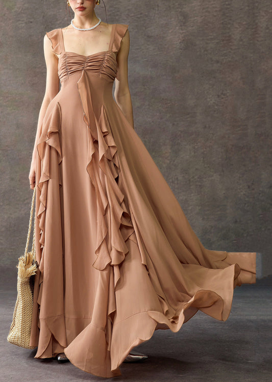 Bohemian Coffee Square Collar Ruffled Cotton Long Dress Summer