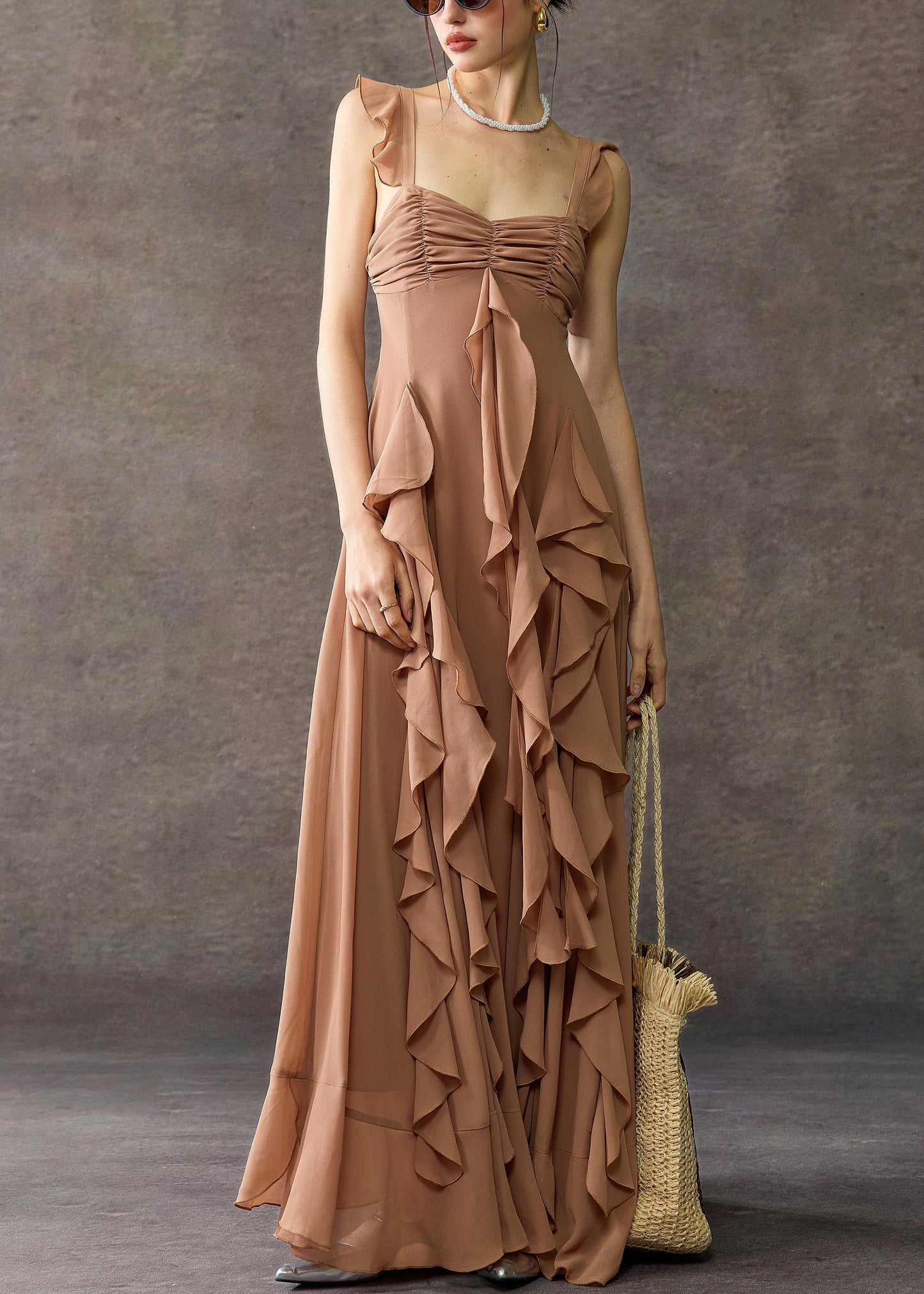 Bohemian Coffee Square Collar Ruffled Cotton Long Dress Summer