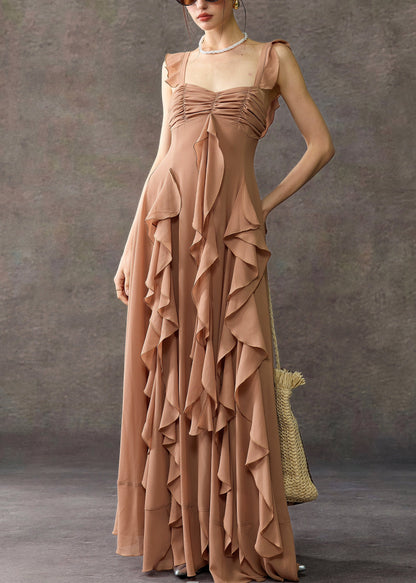 Bohemian Coffee Square Collar Ruffled Cotton Long Dress Summer