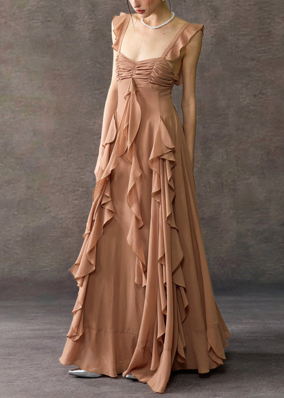 Bohemian Coffee Square Collar Ruffled Cotton Long Dress Summer