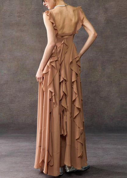 Bohemian Coffee Square Collar Ruffled Cotton Long Dress Summer