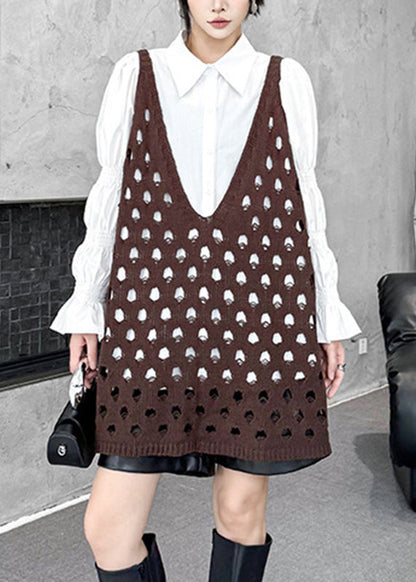 Bohemian Coffee V Neck Hollow Out Cotton Knit Waistcoat Sleeveless