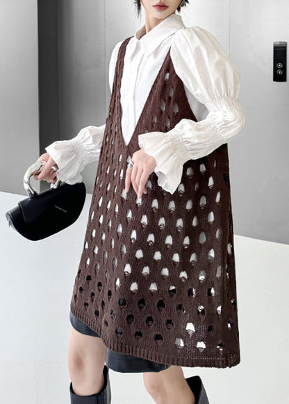 Bohemian Coffee V Neck Hollow Out Cotton Knit Waistcoat Sleeveless