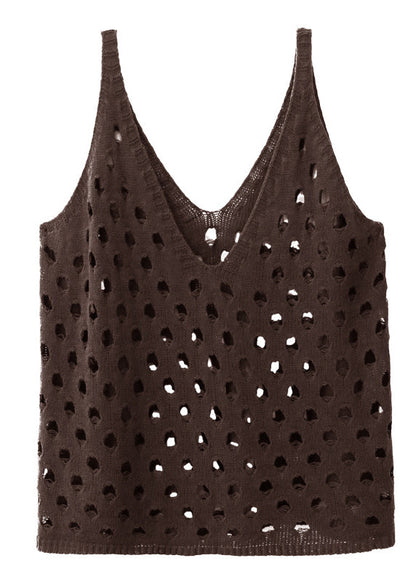 Bohemian Coffee V Neck Hollow Out Cotton Knit Waistcoat Sleeveless