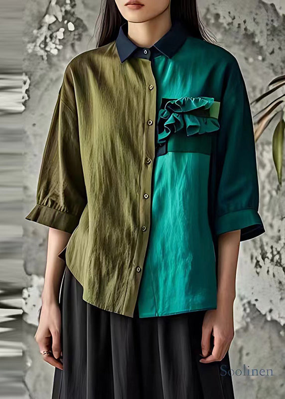 Bohemian Colorblock Asymmetrisches Leinenhemd mit Rüschen, halbe Ärmel
