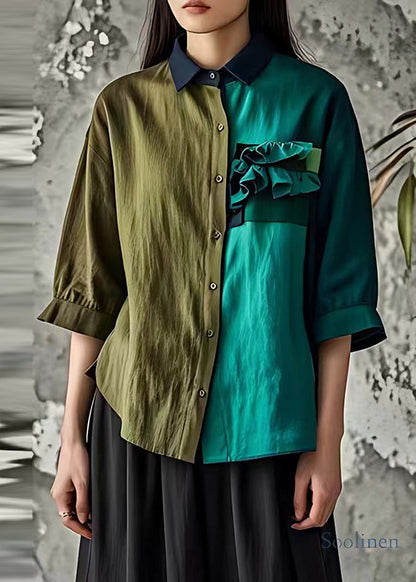 Bohemian Colorblock Asymmetrisches Leinenhemd mit Rüschen, halbe Ärmel