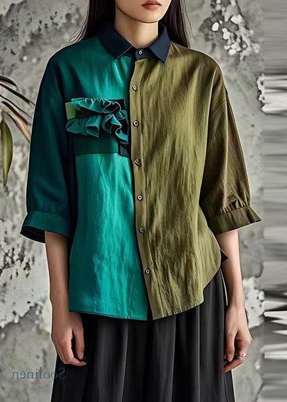Bohemian Colorblock Asymmetrisches Leinenhemd mit Rüschen, halbe Ärmel