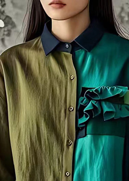 Bohemian Colorblock Asymmetrisches Leinenhemd mit Rüschen, halbe Ärmel