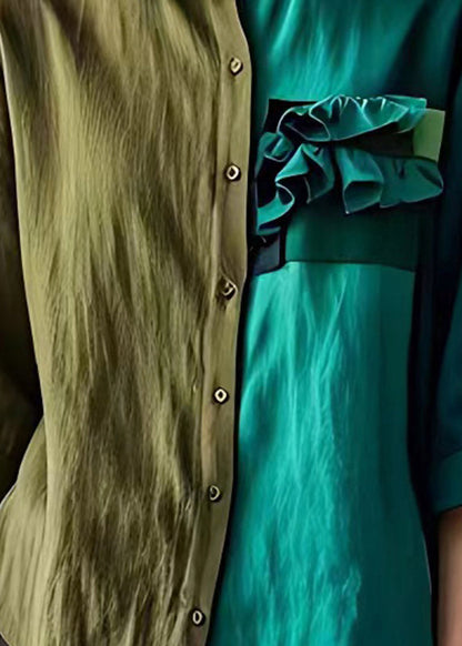 Bohemian Colorblock Asymmetrisches Leinenhemd mit Rüschen, halbe Ärmel