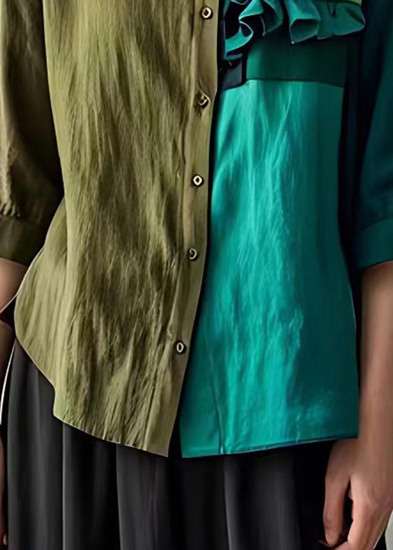 Bohemian Colorblock Asymmetrisches Leinenhemd mit Rüschen, halbe Ärmel