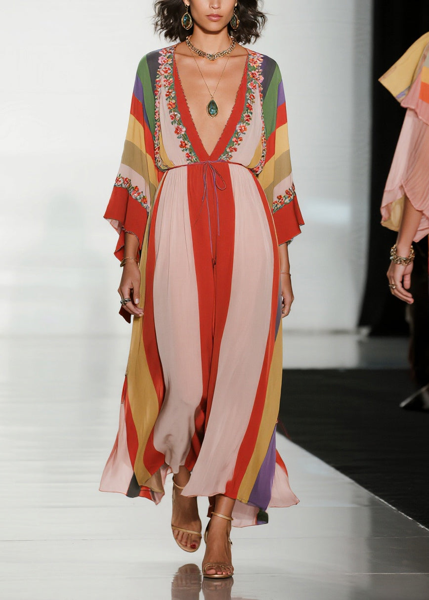 Bohemian Colorblock Deep-V Neck Striped Chiffon Dress Summer