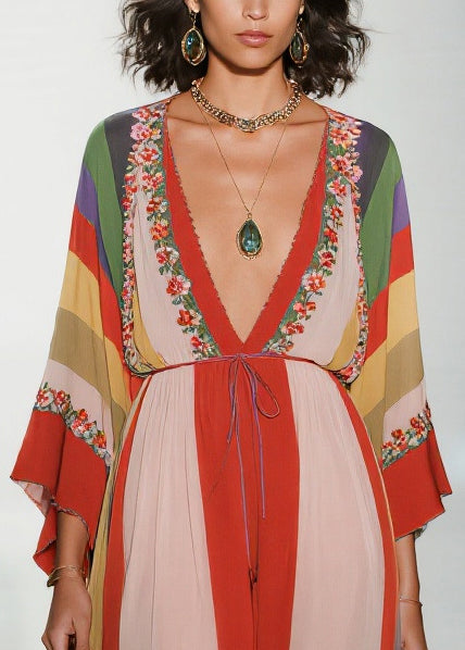 Bohemian Colorblock Deep-V Neck Striped Chiffon Dress Summer