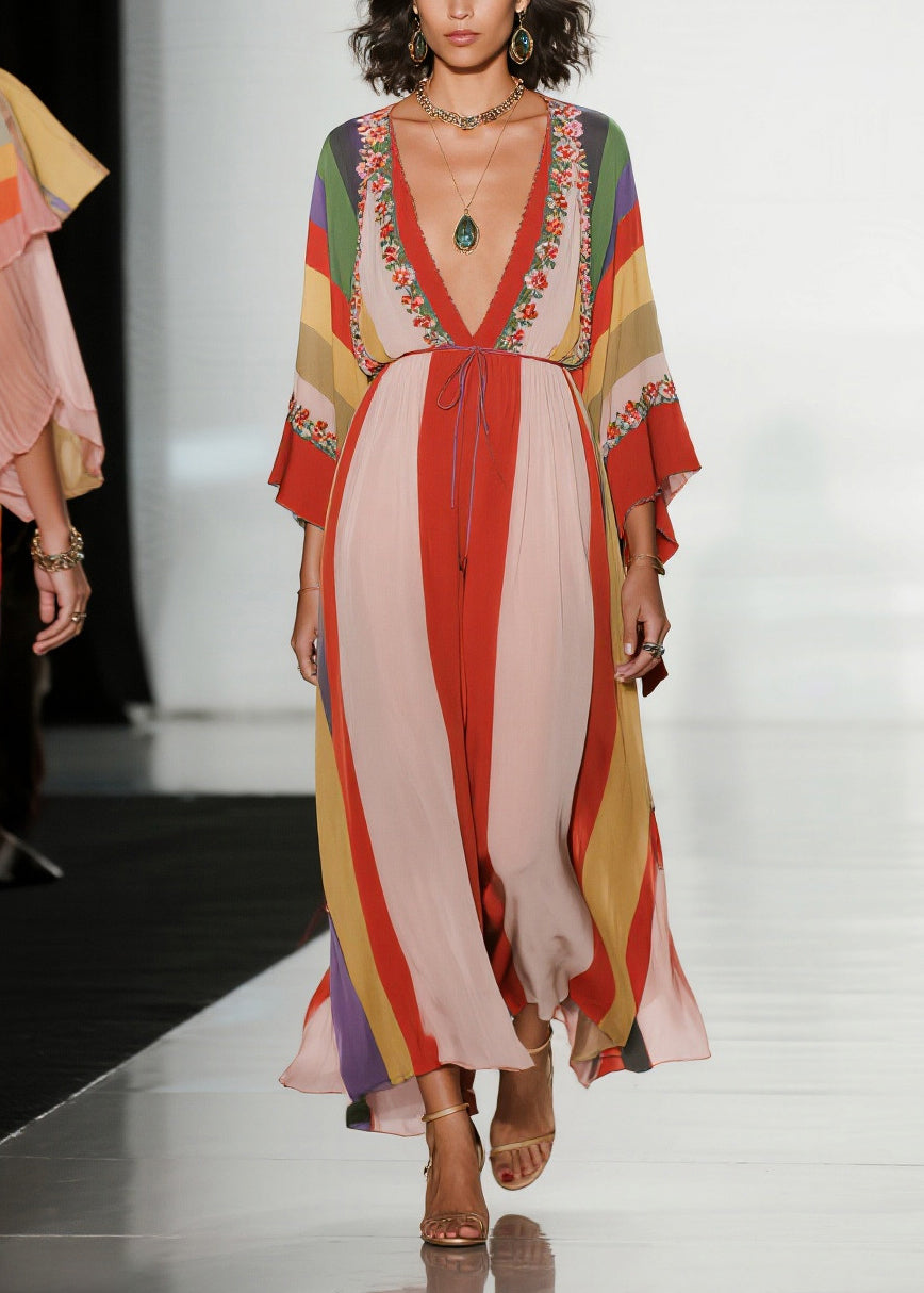 Bohemian Colorblock Deep-V Neck Striped Chiffon Dress Summer