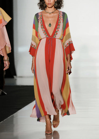 Bohemian Colorblock Deep-V Neck Striped Chiffon Dress Summer