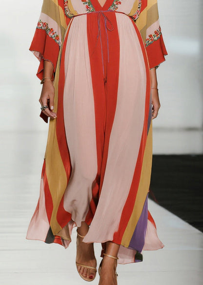 Bohemian Colorblock Deep-V Neck Striped Chiffon Dress Summer