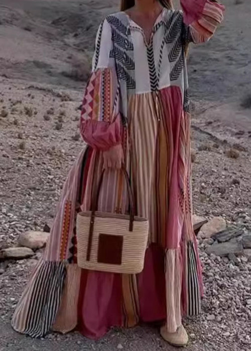 Bohemian Colorblock Lace Up Print Maxikleid aus Baumwolle mit langen Ärmeln