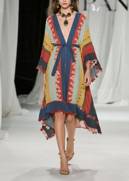 Bohemian Colorblock V Neck Floral Lace Up Cotton Dress Summer