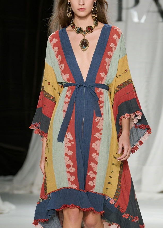 Bohemian Colorblock V Neck Floral Lace Up Cotton Dress Summer